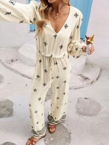 Vivid Eden 女式印花V领口袋休闲长袖连体裤 - 杏色 - 查看 5