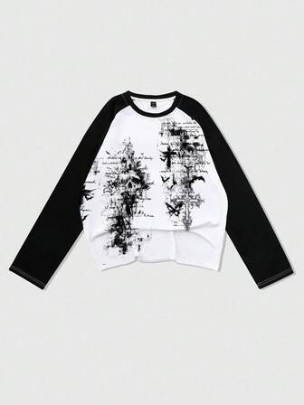 Goth Camiseta de manga raglán para hombre, clásica y elegante, con estampado frontal de calavera y cruz con elementos oscuros, acentuada con detalles de texto, que se mantiene sin esfuerzo tanto en looks casuales como en ocasiones