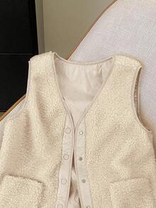 Resyla Áo khoác ngắn không tay thiết kế tối giản màu trơn dành cho nữ, đa năng cho mùa thu/đông - Màu be - Xem 4