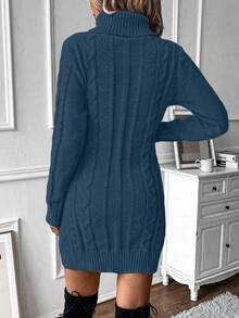 EMERY ROSE Casual Solid Color Turtleneck Knit Dress, Autumn/Winter, Christmas - Navy Blue - View 2