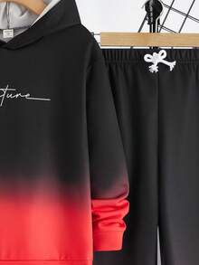 SHEIN 2 件套 Tween Boy 休闲渐变色手写字母图案连帽衫和松紧腰裤套装，适合秋季、春季、冬季，适合户外玩耍、学校、街头摄影、派对和居家休闲，性价比高 - 紅色 - 查看 5