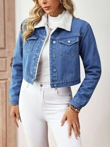 EMERY ROSE 女式纯色保暖内衬前扣牛仔夹克和外套，秋冬 - 藍色 - 查看 6