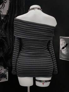 Sunspun 大码女式性感条纹露肩斜领长袖休闲条纹面料高弹舒适街头短款灰色连衣裙，长款休闲连衣裙 - 深灰色 - 查看 2