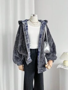 SHEIN LUNE Women's Plaid Patchwork Faux Fur Reversible Jacket - Multicolor - View 5