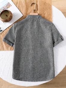 SHEIN 1 件 Tween 男童中式立领纯蓝色休闲短袖衬衫，春夏