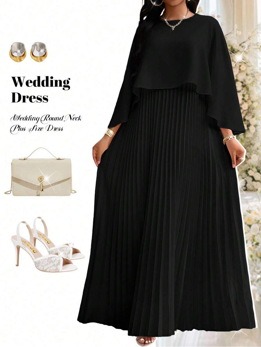 Fleurora 加大码纯色百褶连衣裙，时尚夏季教堂连衣裙，女士节日服装 - 黑色 - 查看 1