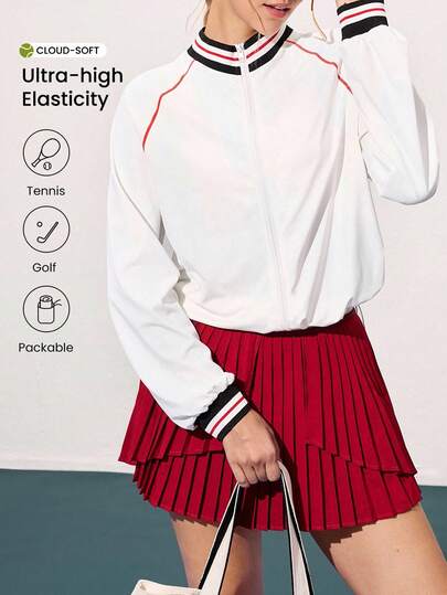 CourtClass Women's Contrasting Collar, Sleeves, Striped Stitching, Contrasting Hem, Elastic Drawstring, Casual Sports Loose And Comfortable Jacket