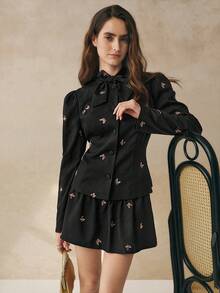 Cévolie 女装秋冬新款高端法式系带领泡泡袖衬衫高腰半身裙套装 - 黑色 - 查看 7