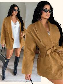 SHEIN SXY Elegant Casual Overcoat With Belt, Autumn/Winter, Brown - Khaki - View 6