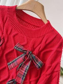 CosyJoli Plus Size Women's Plaid Bow Decor Drop Shoulder Long Sleeve Loose Pullover Red Sweater, Autumn/Winter Christmas Red/New Year - Red - View 4