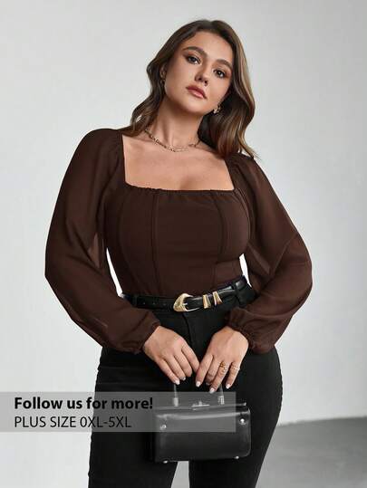 Firerie Plus Size Women's Fashionable French Elegant Square Neck Long Sleeve Top/ Brown Blouses Curvy Blouses Chocolate Brown Top Spring