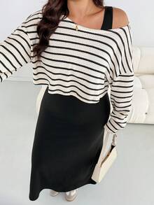 SHEIN Essnce Plus Size Women's Autumn And Winter Fashion Casual Loose Comfortable Daily Versatile Slim Apricot Striped Top And Black Long Vest Dress Two Pieces Set,Fall Clothes,Airport Outfits,Simple Style - Apricot - View 6