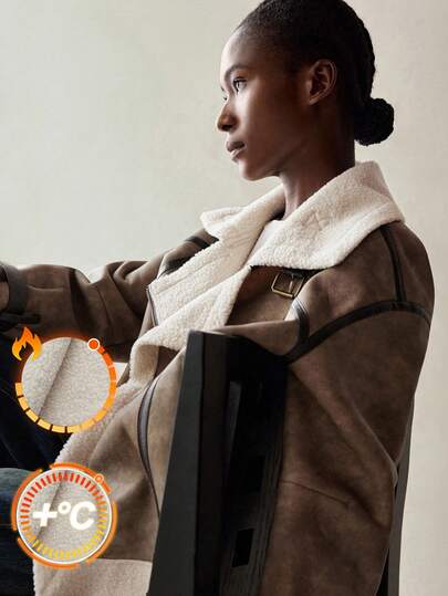 Maija Women's Drop Shoulder Long Sleeve Zipper Front Sherpa Lined Loose Casual Motorcycle Jacket, Autumn/Winter A Must-Have For Autumn And Winter: A High-End, Comfortable, Vintage-Style Jacket Christmas Evening Clothes New Year Atmosphere Holiday Party Women's Clothing Modern Urban Casual Fashion Business Casual Women's Office Wear Low-Key Old Money Style Effortless Temperament High-End Urban Commuting High-Quality Airport Women's Wear High-End Material Winter Clothes