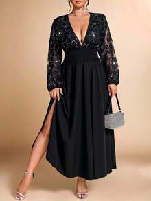Cravure Đầm thời trang gợi cảm tay đèn lồng cổ chữ V sâu họa tiết hoa sequin cỡ lớn cho nữ - màu đen - Xem 4
