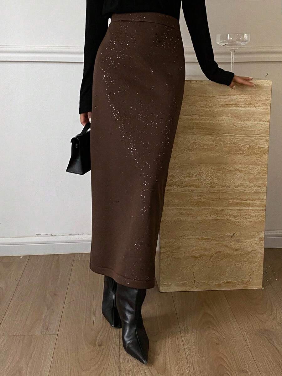 Livesso 女士宽松休闲商务亮片直筒半身裙，棕色，优雅百搭，适合婚礼、派对、秋冬季穿着。 - 棕色 - 查看 1