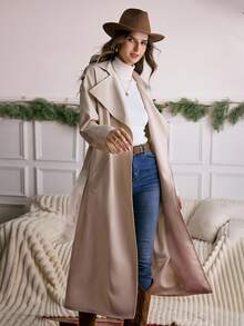 LanaWest 杏色夸张领口通勤长腰收腰女式风衣 - 杏色 - 查看 3
