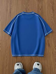 Manfinity VCAY 男士针织休闲宽松短袖T恤 - 藍色 - 查看 2