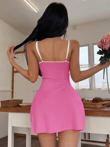 SHEIN 女式性感撞色蕾丝前系带吊带背心睡衣 - 玫紅色 - 查看 2