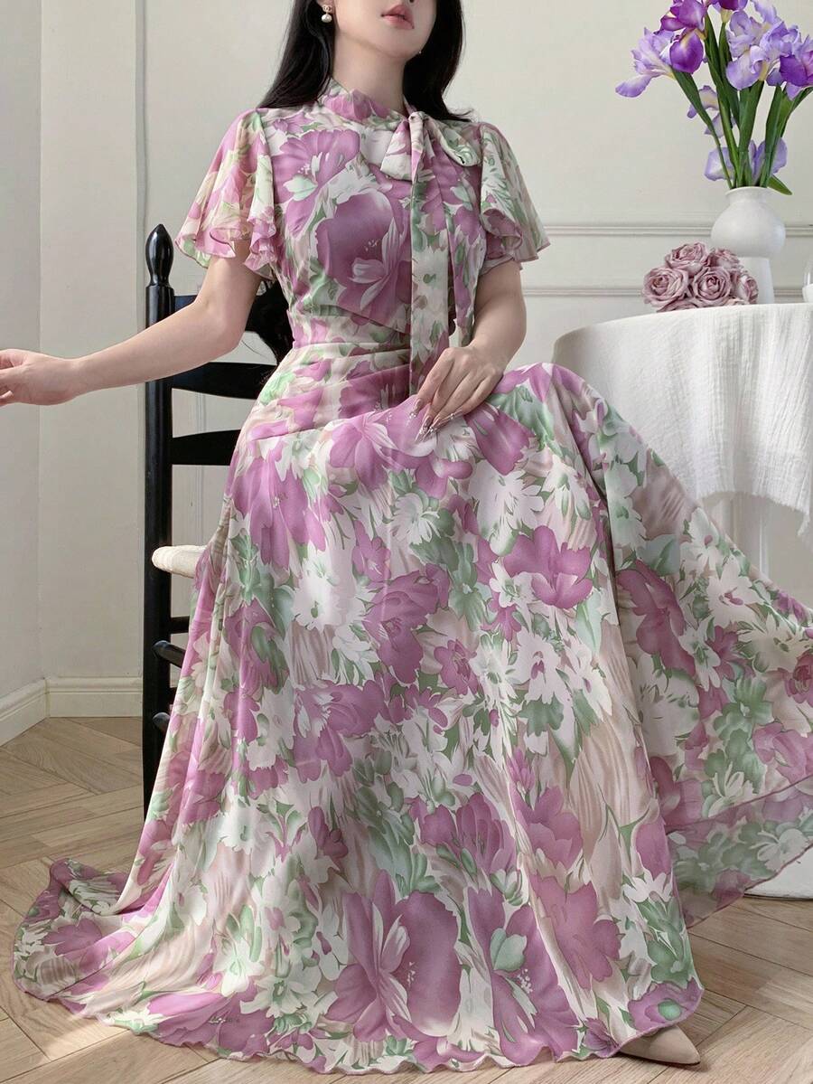 Modelyn 女式荷叶边领口系带泡泡袖喇叭下摆连衣裙 - 彩色 - 查看 1