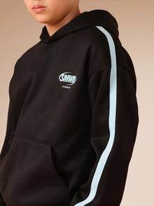 SUMWON Studios 23 Two Piece Co-Ord Hooded Sweatshirt Set With Wide Leg Pants Teen Boys Casual Wear Fall Winter Matching Outfit With Light Blue Stripes - Black - View 5