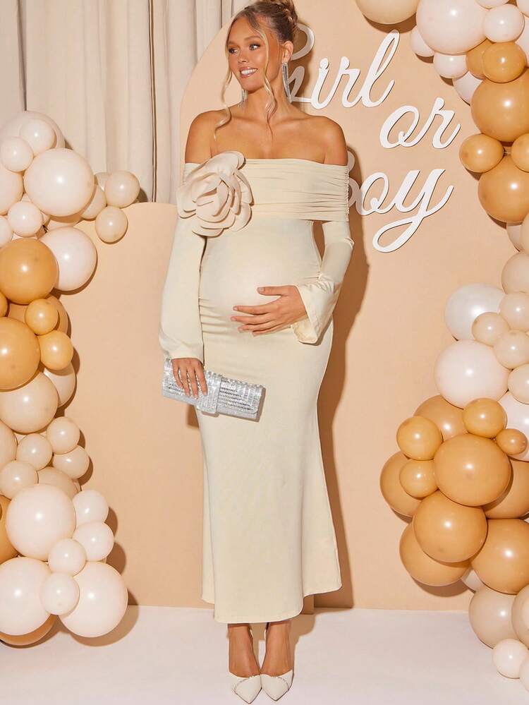 Loomaby Vestido de manga larga con hombros descubiertos, decoración floral 3D y unicolor para mujeres embarazadas - Albaricoque - Añade 6