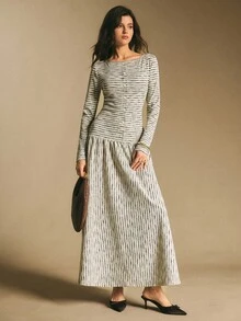 Poéselle 女式条纹船领长袖纽扣设计休闲连衣裙 - 灰色 - 查看 6