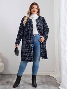 SHEIN CURVE+ Curve 大码/秋装/秋季女装/女冬装/冬装大码女式冬季夹克，仿粗花呢图案前开长袖外套，配珍珠纽扣和口袋，大码女装 8xl 大码外套，大码冬季外套，大码粗花呢外套，女士秋装，冬季，CURVE PLUS/秋季/冬季 - 藏蓝色 - 查看 4