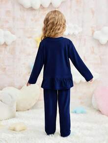 مجموعة بيجاما كاجوال من قطعتين (ملابس علوية كم طويل وبنطلون) مطرزة برسم أرنب بتصميم بسيط للفتيات، باللون الأزرق الفاتح