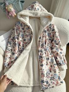 SHEIN 二合一女童花卉人造毛皮和黑色双面长袖风衣夹克，适合秋冬季，中长款外套，可搭配连衣裙、毛衣、高领衫、裤子、裙子 - 彩色 - 查看 3