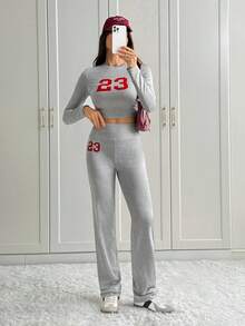 SHEIN Tall Set de 2 piezas Chándal de talla grande con cuello redondo, manga larga y estampado gráfico, color gris, para otoño/invierno