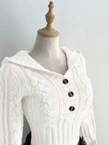 Flirla Women's Casual Versatile Twist Knit Button Half-Zip Hooded Sweater, Autumn/Winter - White - View 5
