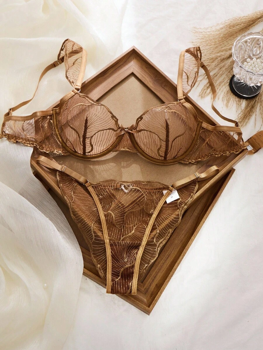Seduluxe 2pcs Women's Black Sheer Embroidery Bra Set, Wireless Non-Padded Lingerie Set Hollow Out Lingerie Push Up Lingerie Set Underwire Lingerie Set Brown Lingerie Lingerie Set Push Up - Coffee Brown - View 1