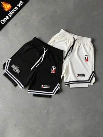 Sport MetroGents Men's Striped & Letter Print Drawstring Waist Sports Shorts Sports Shorts Set Gym Shorts Set Men Basketball Shorts