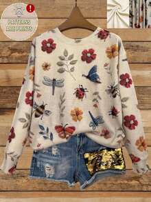 EMERY ROSE 女士昆虫与花卉印花长袖休闲圆领上衣，适合春秋季节