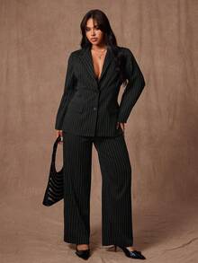 Rustia Plus Size Long Sleeve Lapel Collar Straight Leg Pants 2 Pieces Suit Set, Striped Casual Office Wear
