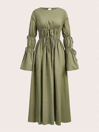 SHEIN PETITE Women's Elegant Commuter Solid Color Bell Sleeve Dress Lantern Sleeve Dress Women Green Dress Olive Dress Green Dress Long Sleeve Dress