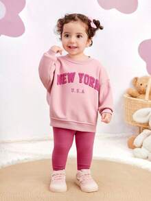 SHEIN Babygirl Casual Graphic Letter Print Sweatshirt Set, Autumn/Winter - Pink - View 1