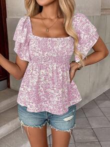 Pariaura 女士休闲花卉印花荷叶边下摆度假衬衫