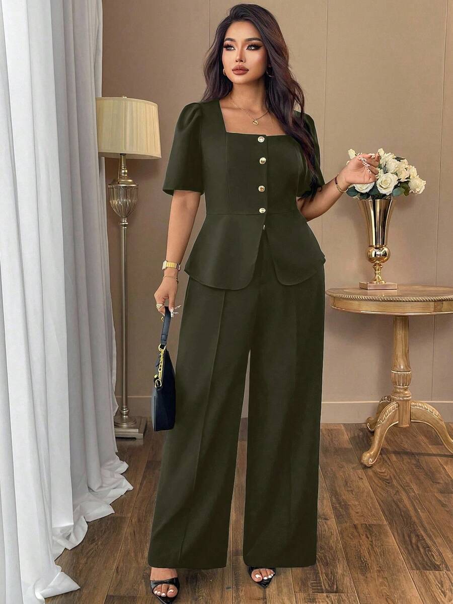 Auvina 大码女式休闲优雅方领纯黑色衬衫 + 高腰阔腿裤时尚套装，通勤装搭配宽松长直筒裤 - 橄欖綠 - 查看 1