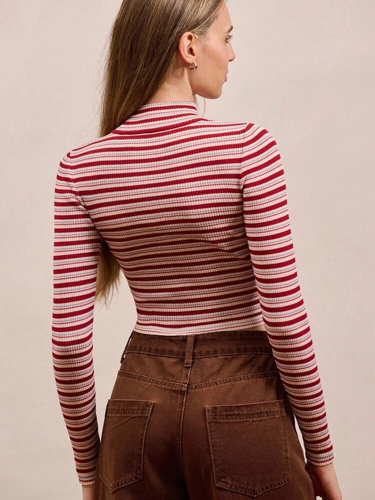 Cropped Striped Rib Knit Mock Neck With 1/2 Zip Spring Women Spring Spring Women Spring Summer Going Out Chic New Year