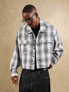 SUMWON Grey Plaid Cropped Flannel Shacket Button Up Workwear Style Oversized Winter Outerwear With Chest Pockets Modern Casual Layering Piece - Multicolor - View 1