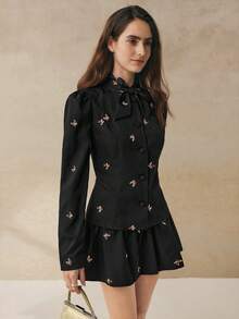 Cévolie 女装秋冬新款高端法式系带领泡泡袖衬衫高腰半身裙套装 - 黑色 - 查看 6