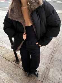 SHEIN BAE 女士时尚通勤夹克，带毛领，冬季 - 黑色 - 查看 5