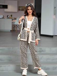 Sparklyn 2 件套 V 领提花针织开衫和高腰直筒裤套装，适合青少年 - 杏色 - 查看 2