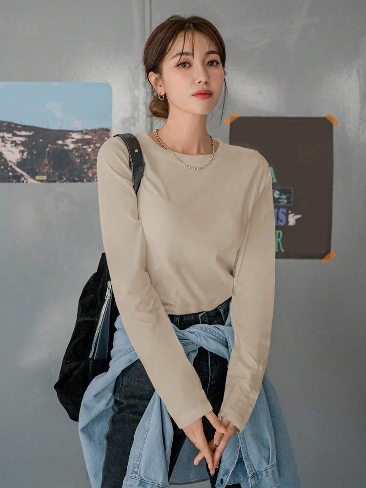 Women's Solid Color Round Neck Long Sleeve Casual Loose Versatile T-Shirt