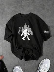 Sport MetroGents Men's Gorilla & Plant Print Loose Fit Round Neck Short Sleeve Sports T-Shirt Bigfoot T-Shirt Men T-Shirt Black T-Shirt Graphic T-Shirt Short Sleeve T-Shirt - Black - View 1