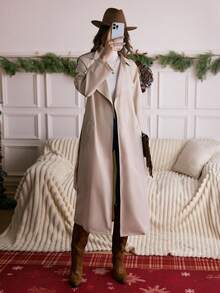 LanaWest 杏色夸张领口通勤长腰收腰女式风衣 - 杏色 - 查看 4