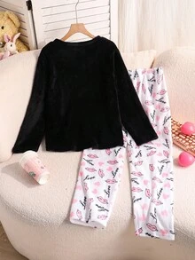 2pcs Girls Casual Comfortable Pajama Set With Pink Heart & Eyelash Print, Long Pants And Long Sleeve Kawaii Pajamas Fall Winter - Multicolor - View 2