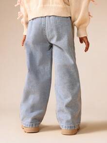 SUMWON Pantalones vaqueros de pierna ancha para niñas con detalles brillantes de estrellas, detalles de mariposa con rhinestones, ajuste relajado de talle alto para otoño e invierno - Lavado ligero - Ver 5
