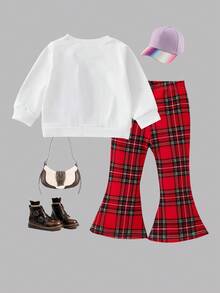 SHEIN Playful Pals 两件套女婴夏季时尚简约可爱棕色长袖圆领连帽衫，饰有黑色蝴蝶结，搭配黑色喇叭裤，适合日常穿着和拍照 - 紅色 - 查看 2